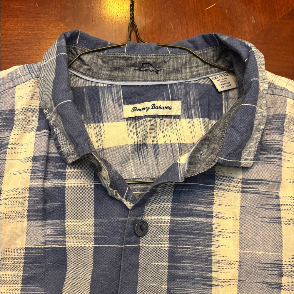 Tommy Bahama Blue and White Men's Shirt Cotton and Silk XXL